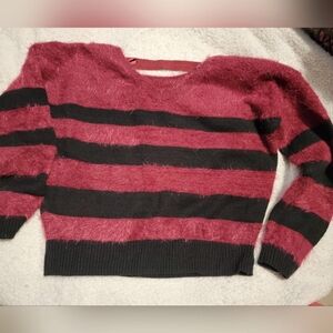 Dkny Sweater. Warm red and black striped, Size S  fuzzy soft, cropped